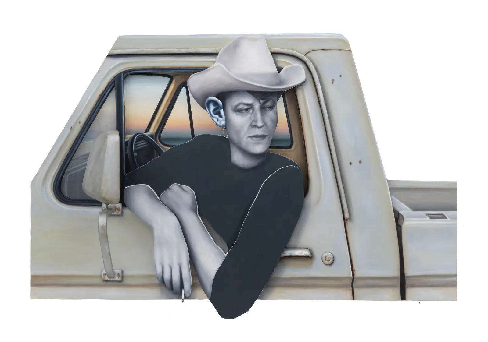 A painting of a figure wearing a white cowboy hat and black clothing, leaning out of the open window of a weathered, pale green pickup truck. The figure is rendered in grayscale against the color-painted truck, with a warm sunset visible through the rear window. A cigarette hangs from one hand.