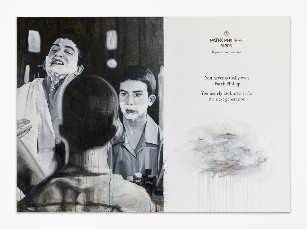 A large diptych painting combining a grisaille scene of a man and boy shaving together with the text of a Patek Philippe luxury watch advertisement, with areas of loose, dripping white paint obscuring parts of the canvas.