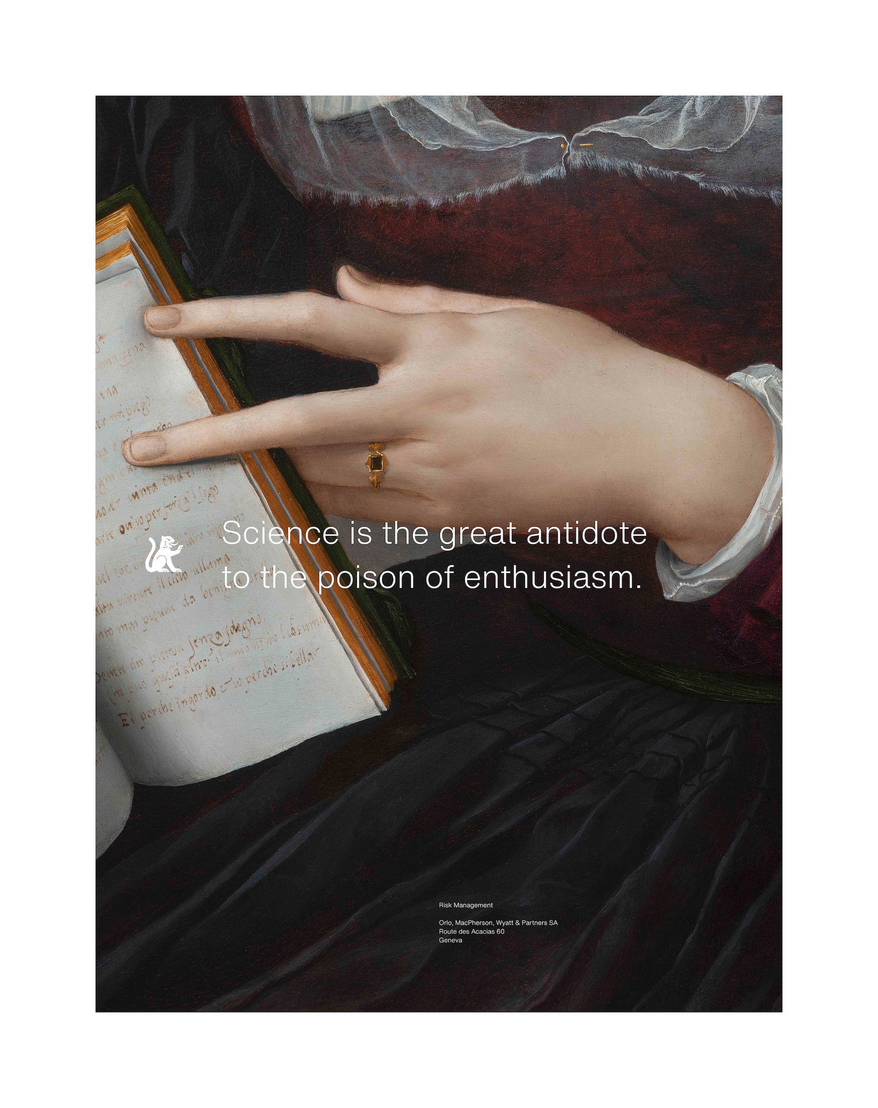 A close-up of a Renaissance-style painted hand wearing a gold ring and pointing to an open manuscript, overlaid with the text "Science is the great antidote to the poison of enthusiasm" and a fictional financial firm's branding.