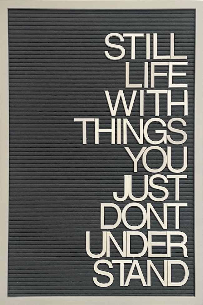 Letter board with white plastic letters on a dark gray grooved background reading "STILL LIFE WITH THINGS YOU JUST DONT UNDERSTAND," right-aligned, in a light gray frame.