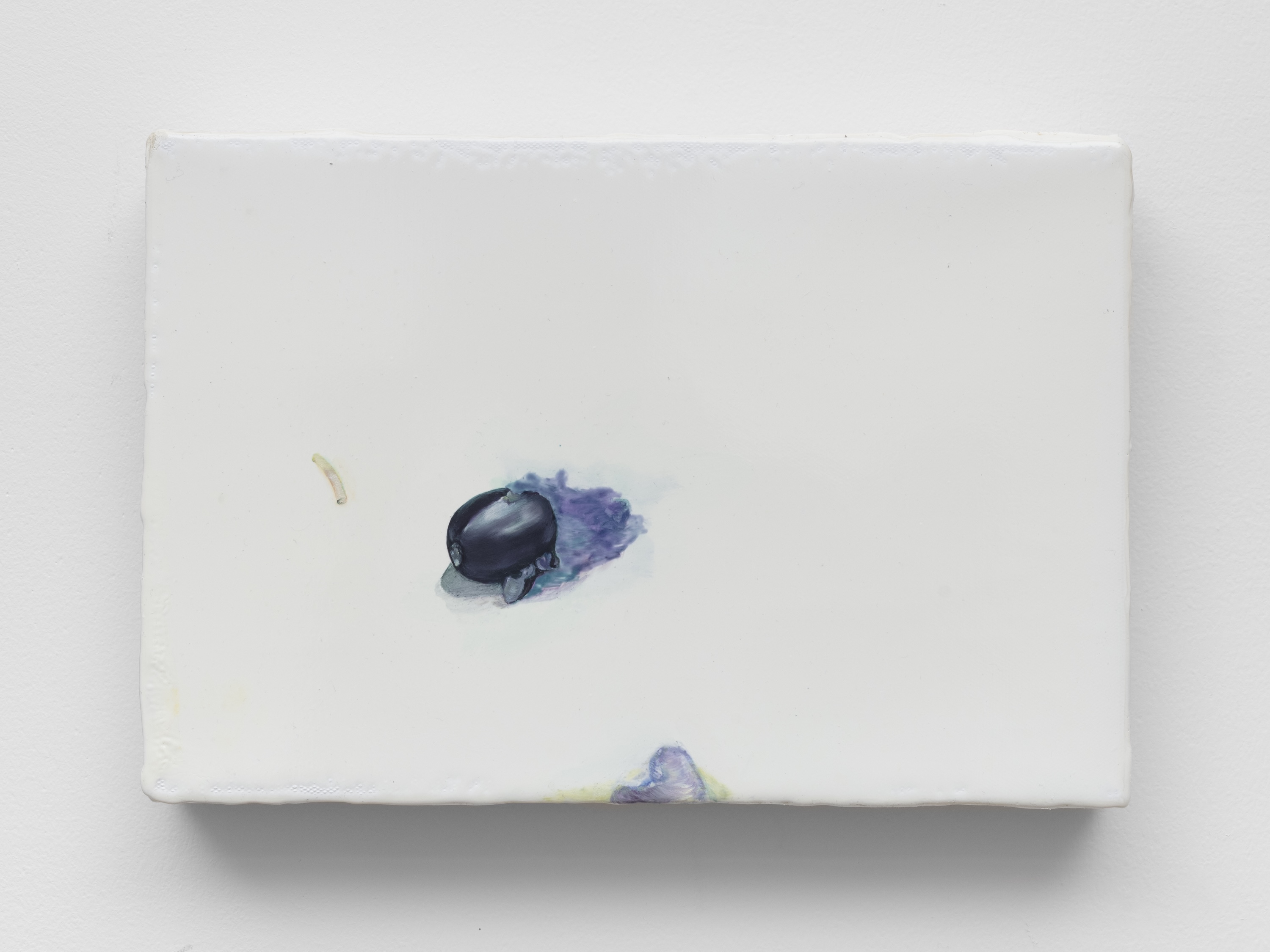Image 1: Small ceramic tile painted with a single dark blue-black beetle-like form and a thin curved twig, set against a white ground with faint purple watercolor blooms.