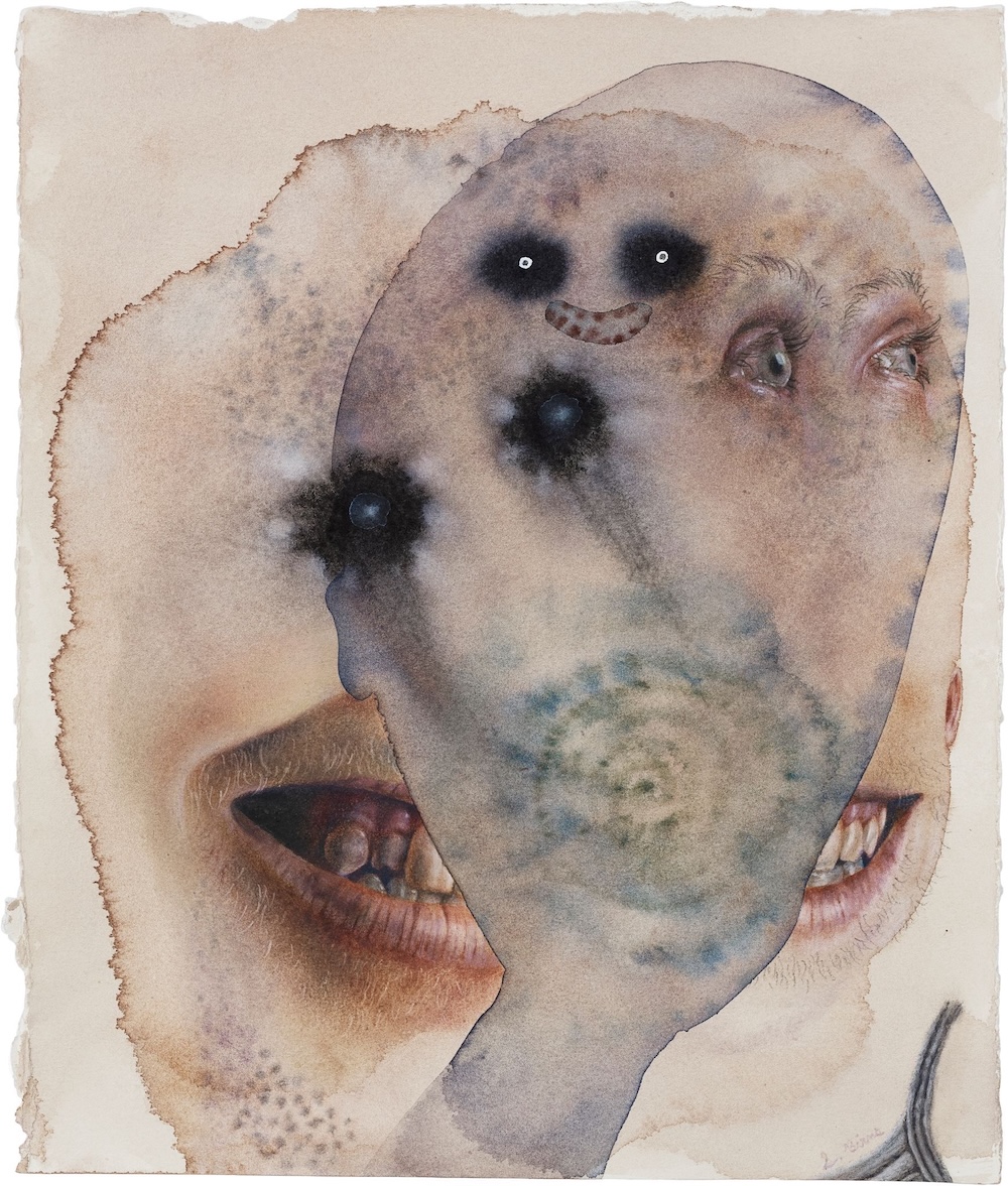 Surreal watercolor portrait of a pale, elongated head with dark hollow eyes and a faint smile, overlaid on a second face showing only eyes and open mouths with teeth.