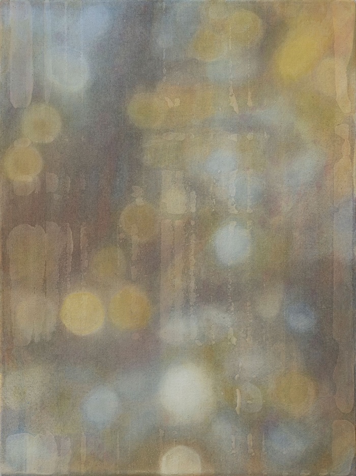 Abstract painting of blurred golden and pale blue bokeh-like circles over a muted gray-brown vertical striped background.