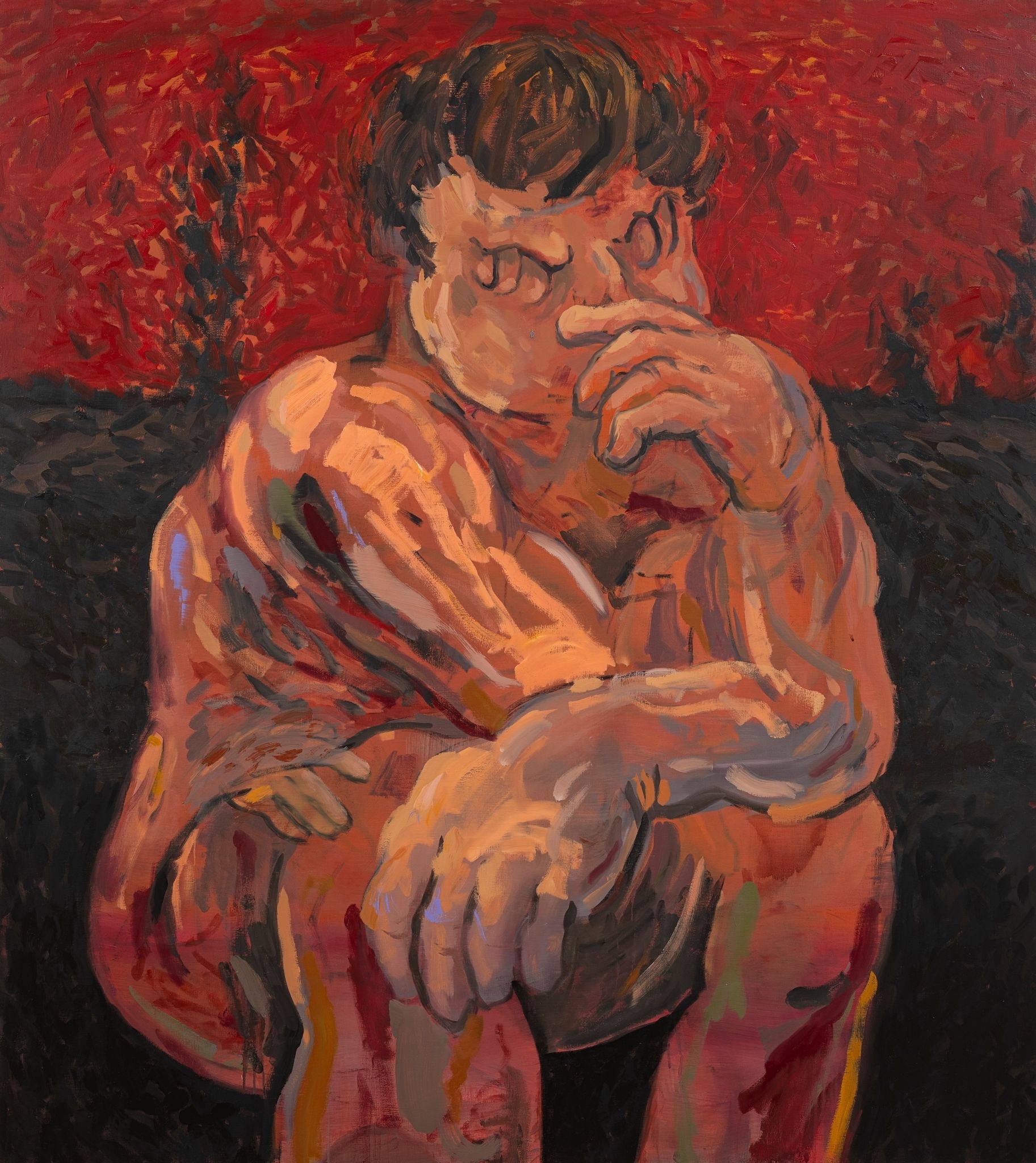 Expressive oil painting of a shirtless man hunched forward, resting his chin on clasped hands, set against a vivid red and dark background.