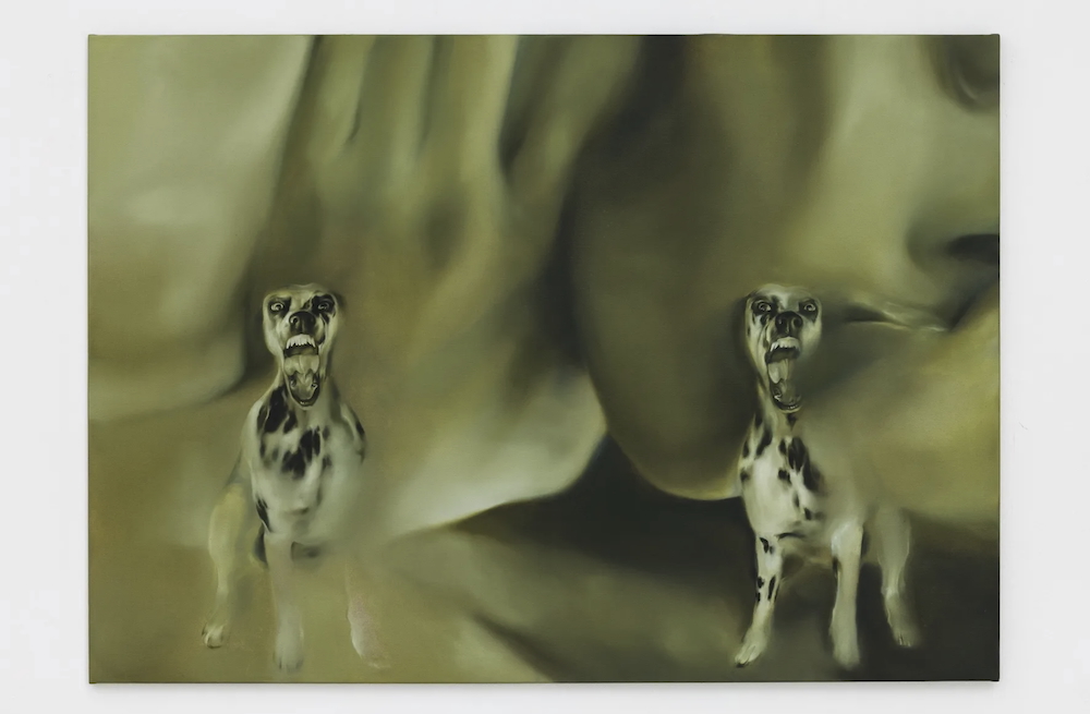 Green-toned painting of two snarling spotted dogs baring their teeth, set against a blurred backdrop of an enlarged hand and torso.