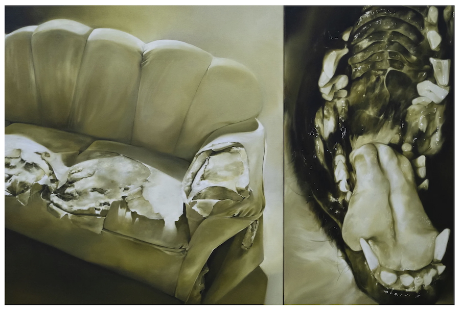 Diptych painting pairing a worn, torn sofa with plush cushions against a close-up view of an animal's open jaws and teeth.