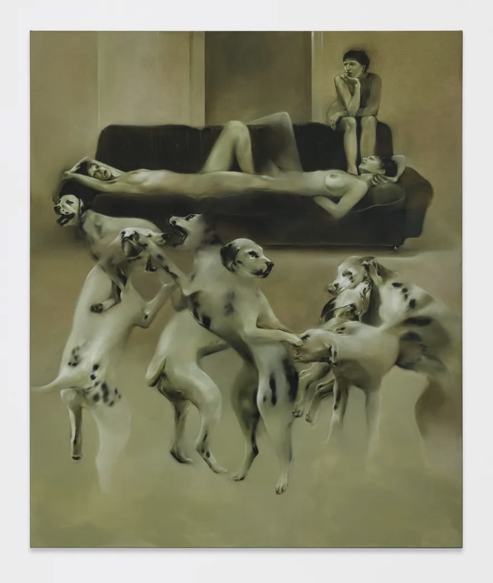 Monochromatic sepia-green painting of a nude figure reclining on a dark sofa while another figure sits nearby with chin resting on hand; in the foreground, a group of spotted Dalmatian-like dogs stand on their hind legs, intertwined together.