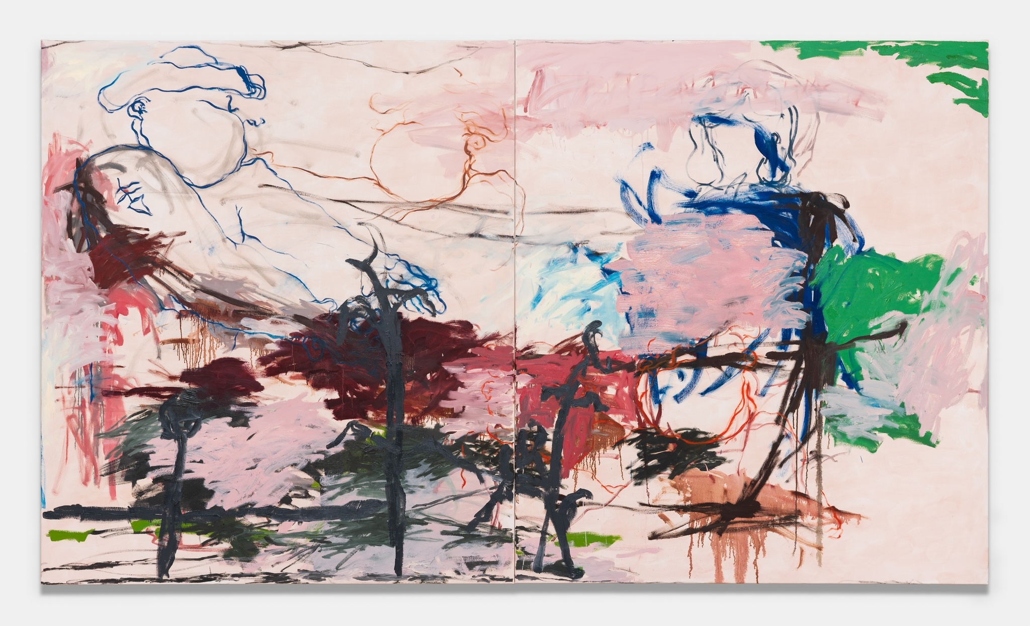 Large abstract diptych painting in soft pink and blush tones, featuring loose blue calligraphic line work at the upper left, dark tree-like vertical brushstrokes rising through the composition, patches of deep red and maroon foliage, and a bright green mass in the upper right corner.