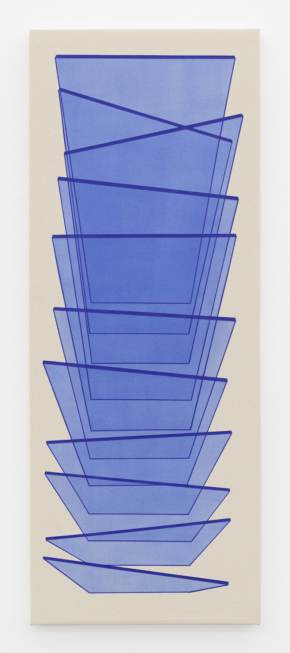Tall vertical abstract painting of stacked, overlapping trapezoidal shapes outlined in blue, layered to create a fanned, accordion-like pattern in varying shades of periwinkle blue on a cream background.