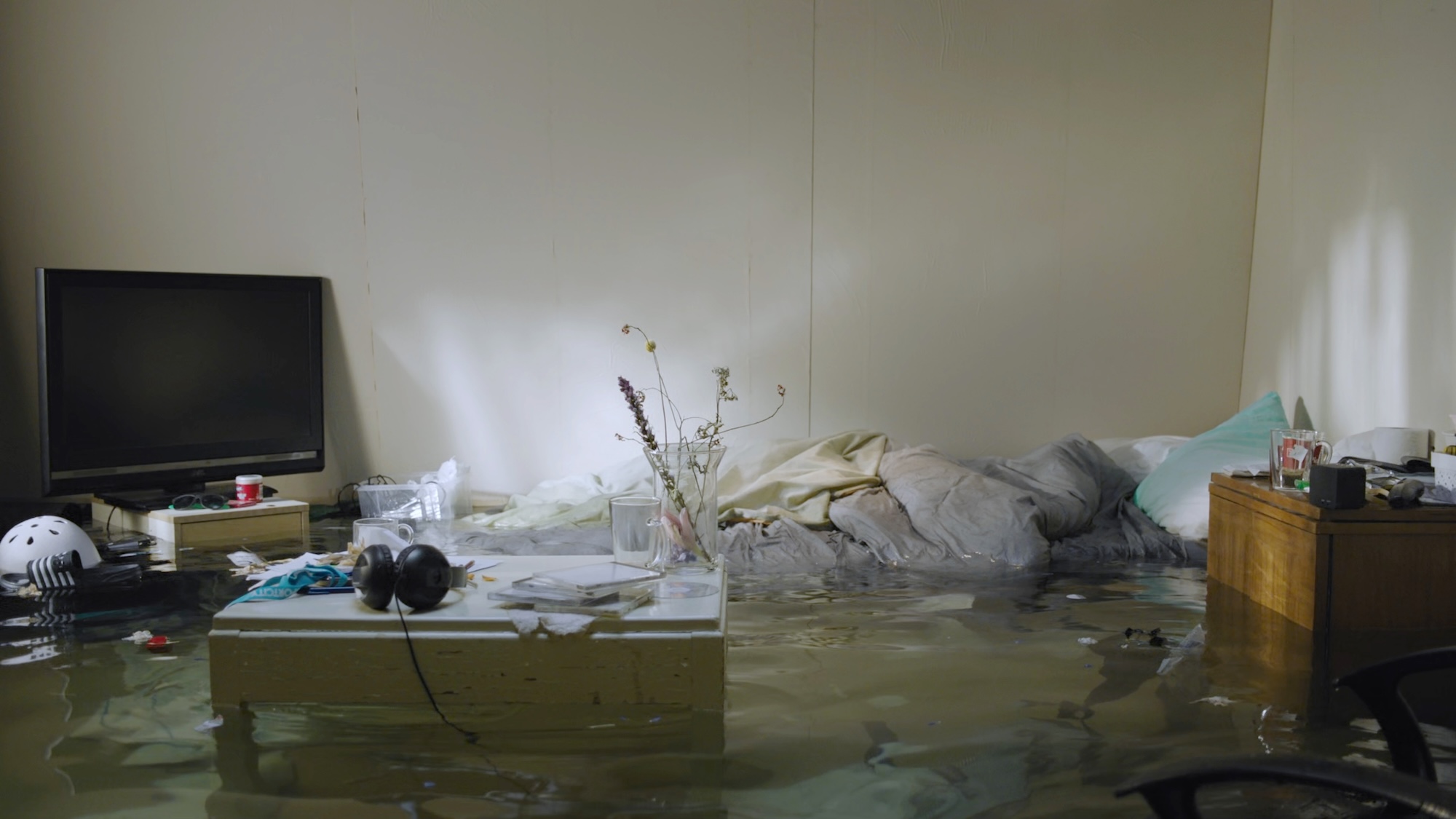 A flooded bedroom with murky water covering the floor and partially submerging furniture. A bed with rumpled bedding sits against the wall, surrounded by a television, low table, headphones, glasses, flowers, and other household objects.