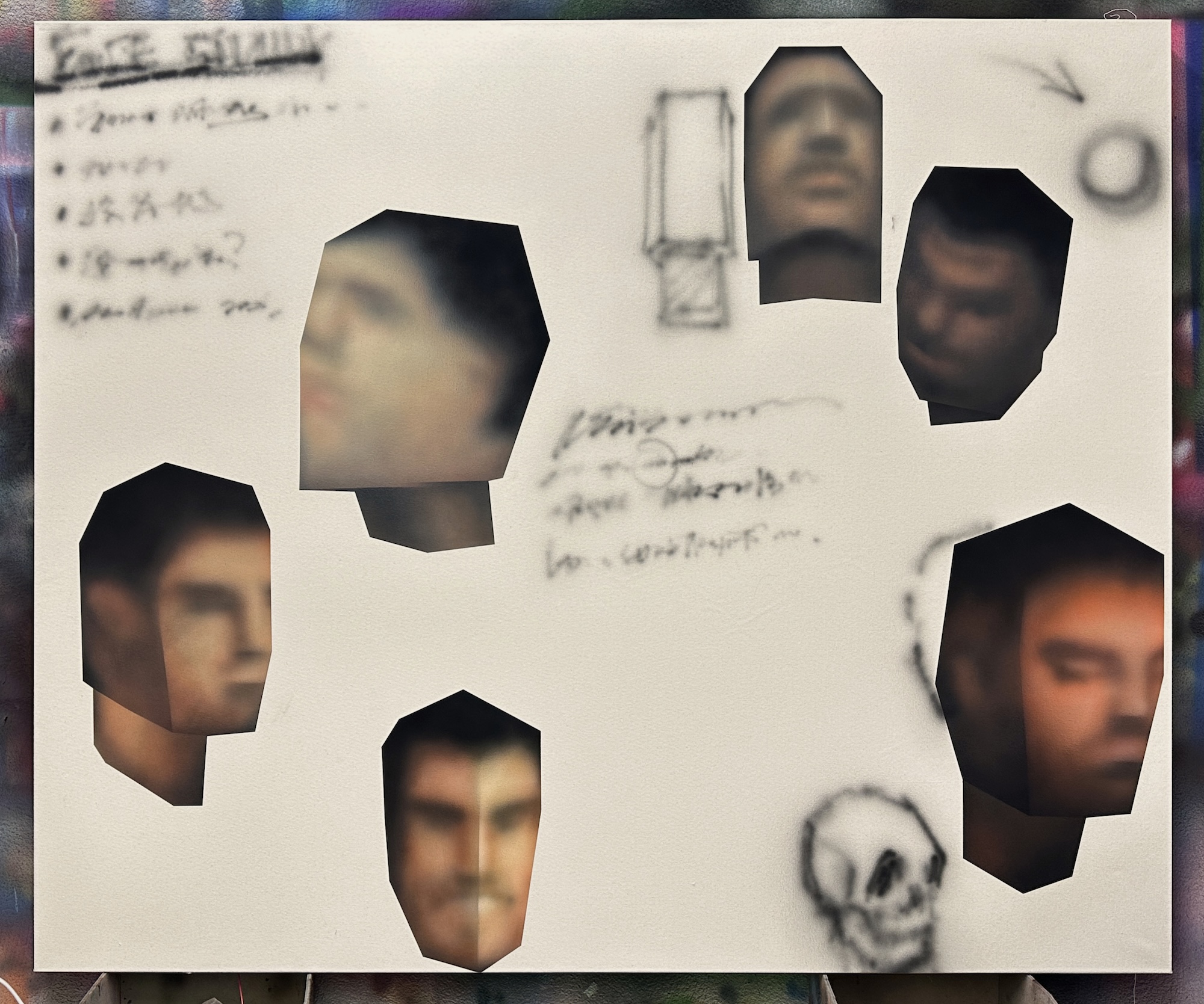 Painting of several blurred, low-poly floating heads surrounded by faint handwritten notes and sketches.
