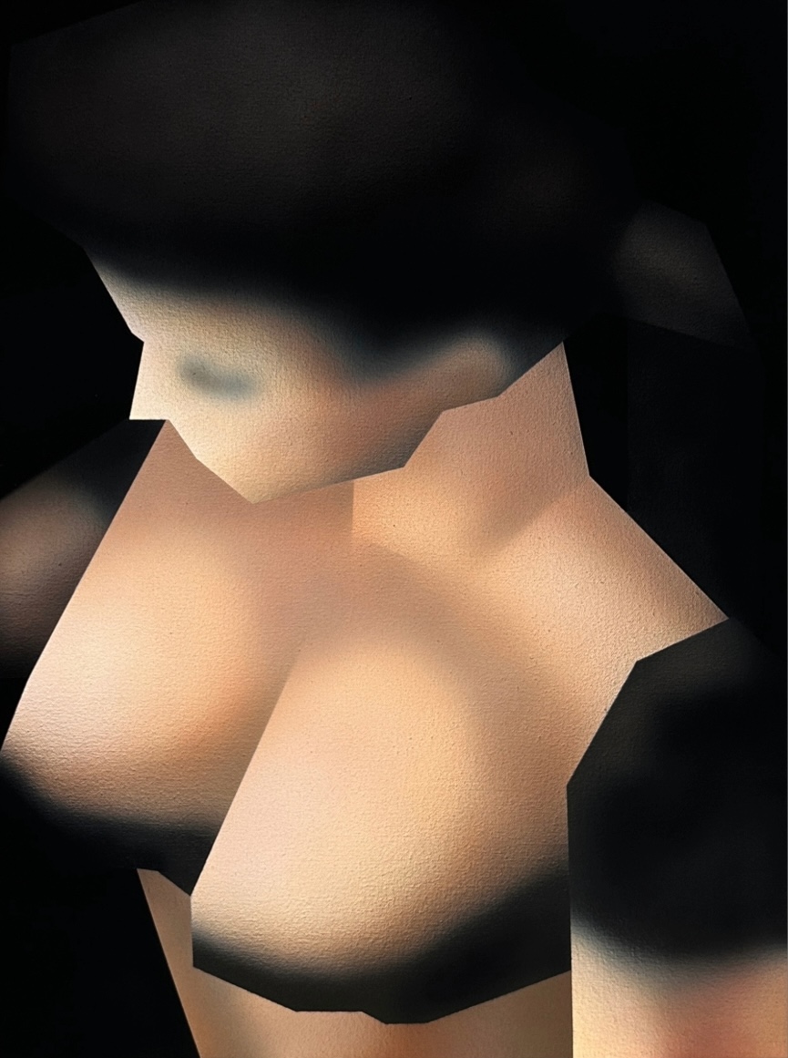 Close-up painting of a low-poly human torso and face emerging from a dark background.