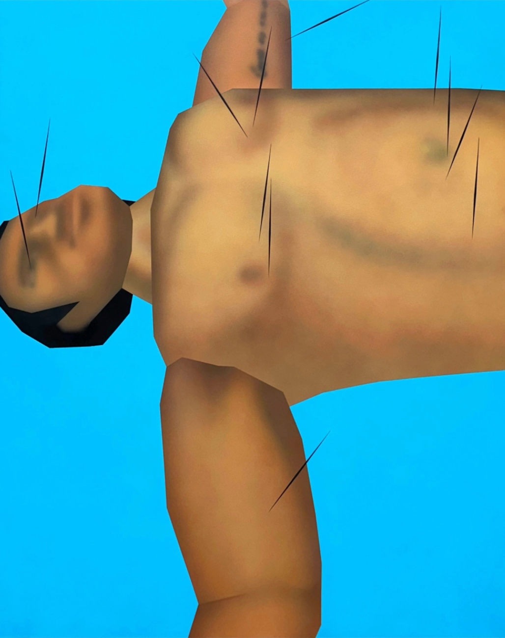 Low-poly male figure viewed from above against a bright blue background, with thin black acupuncture needles across his body.