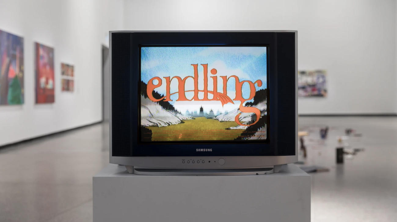 A CRT television displays the word “endling” in orange over an illustrated landscape.