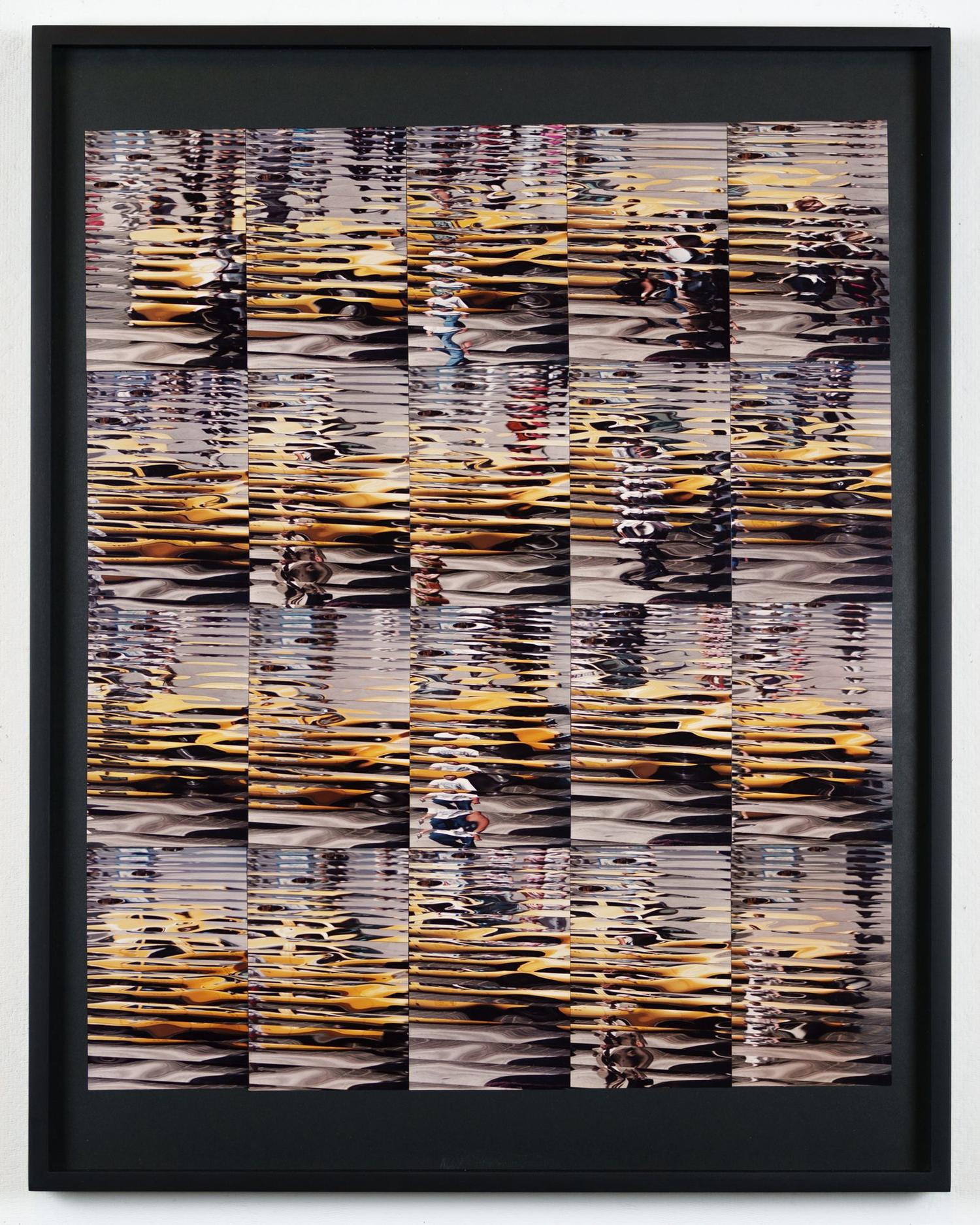 Framed grid of distorted photographs showing yellow taxis reflected in rippling water.