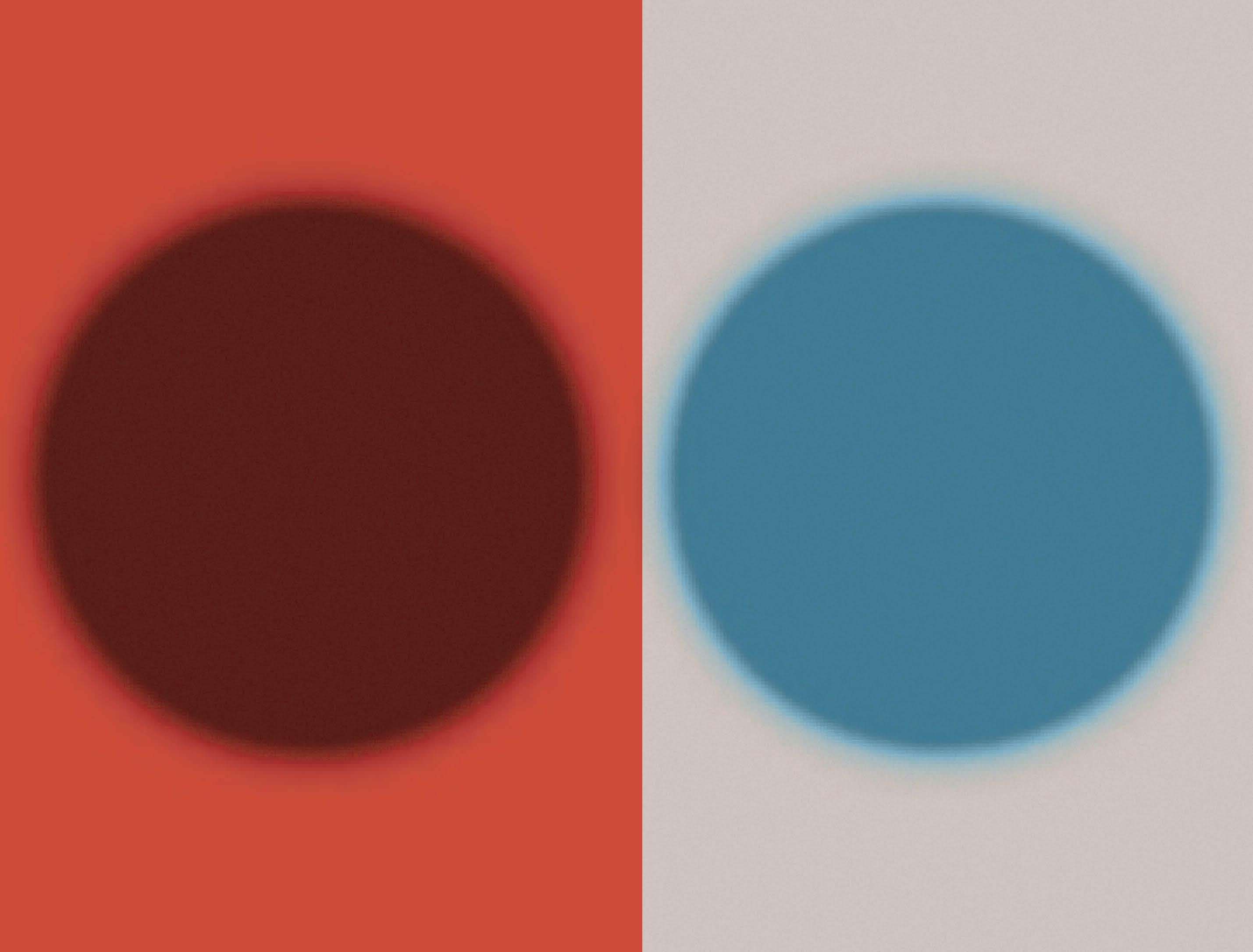 Two abstract circular forms shown side by side: a dark red circle with blurred edges against a red-orange ground and a blue circle with blurred edges against a pale ground.
