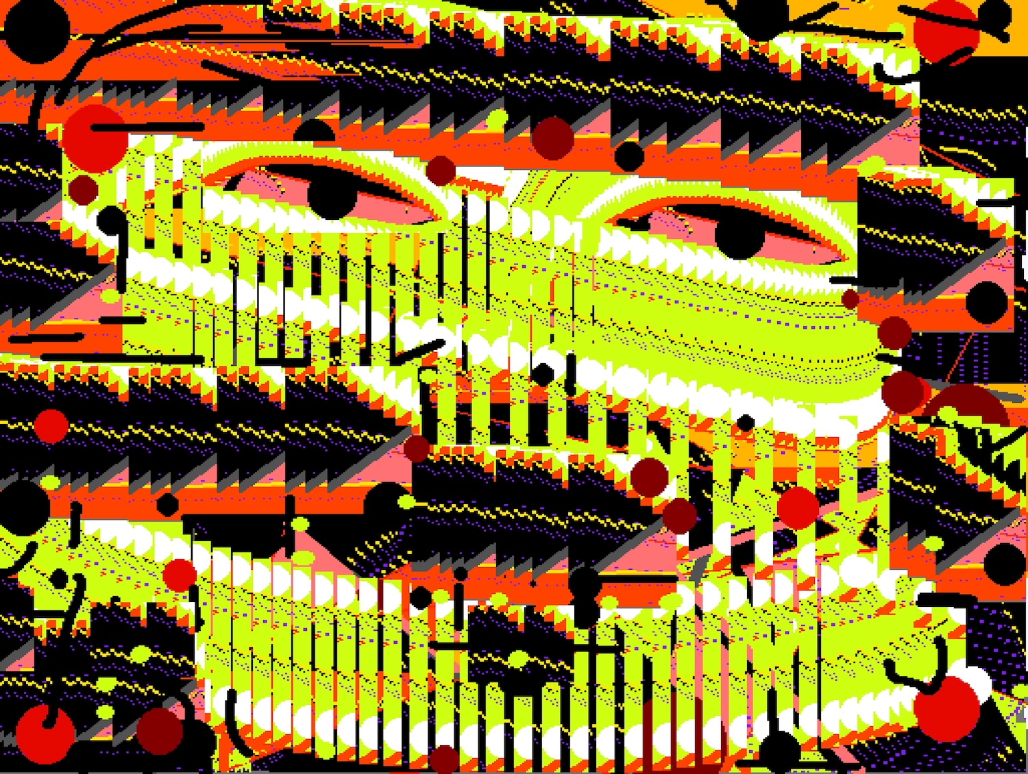 Vibrant pixelated digital artwork featuring a pair of half-closed eyes emerging from an intricate arrangement of jagged geometric patterns, zigzagging lines, and scattered circles. Neon green, orange, pink, yellow, and red contrast sharply against a predominantly black background.