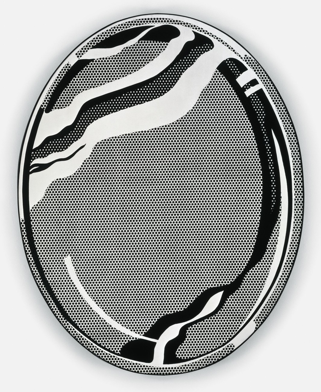 Lichtenstein’s oval Mirror #1 is filled with closely spaced black dots, bordered and crossed by sweeping black-and-white bands that suggest reflected light.