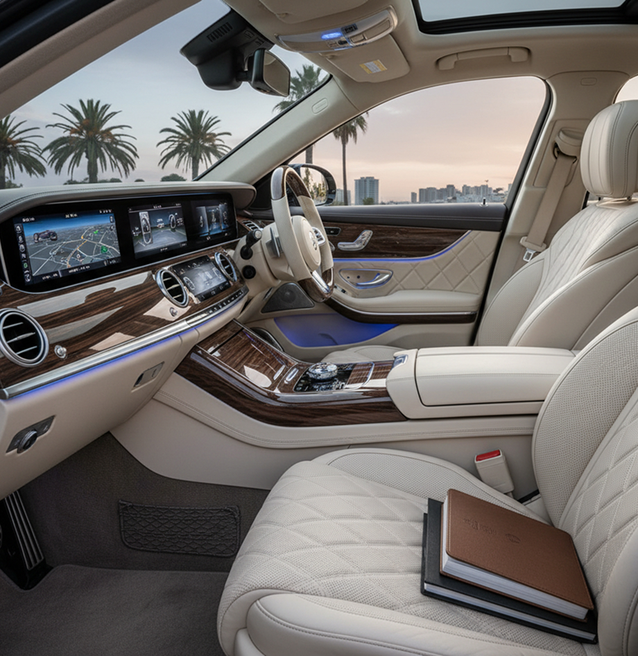 Inside a luxury car, with views of it dashboard 