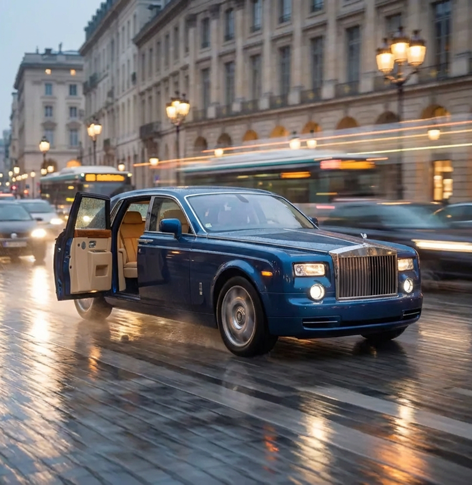 A Blue Rolls Royce car on a side of a street with one of its passengers doors open