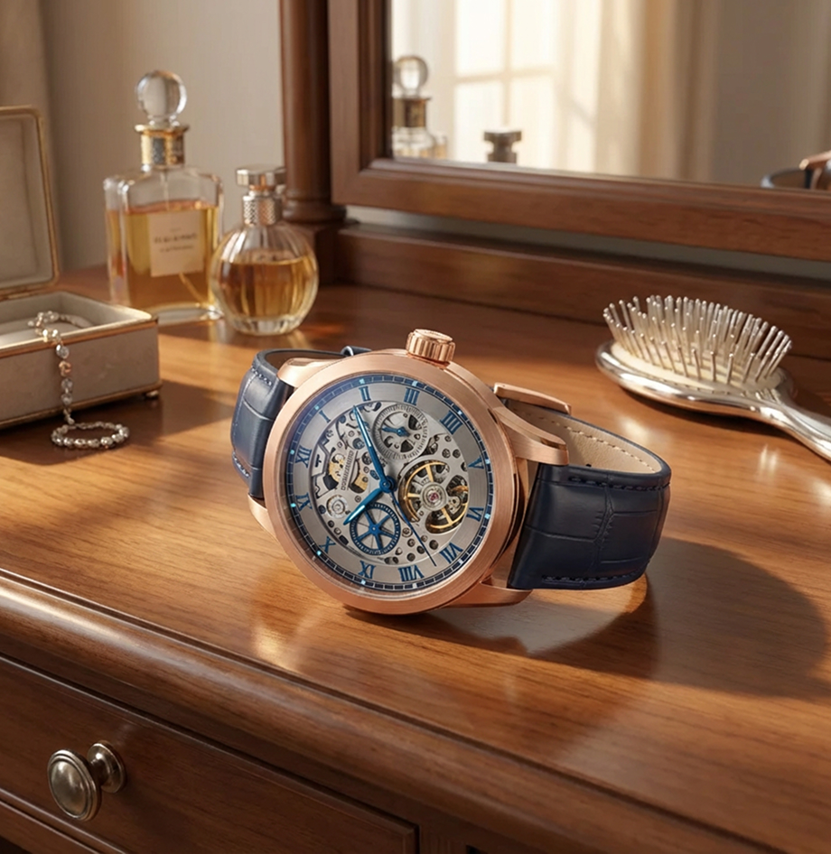 A luxury watch on a dressing table