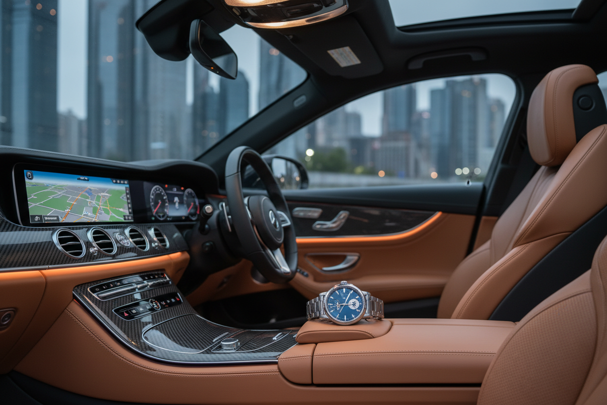 Inside a luxury car, with views of it dashboard 