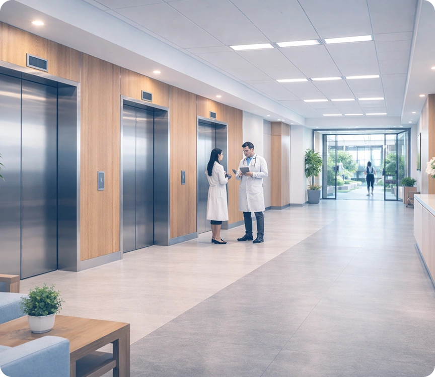 Two doctors in white coats discussing notes in a hospital hallway near elevator doors.