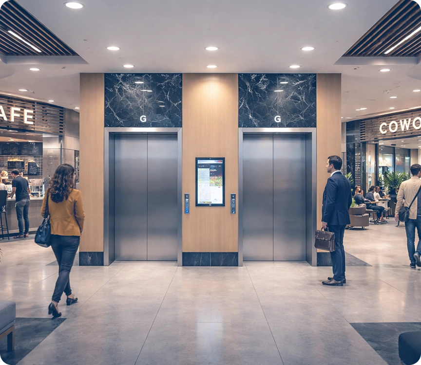 Two closed elevators with letter G above doors in a modern lobby where a woman and a man wait.