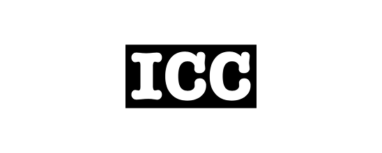 White ICC text logo on a black background.