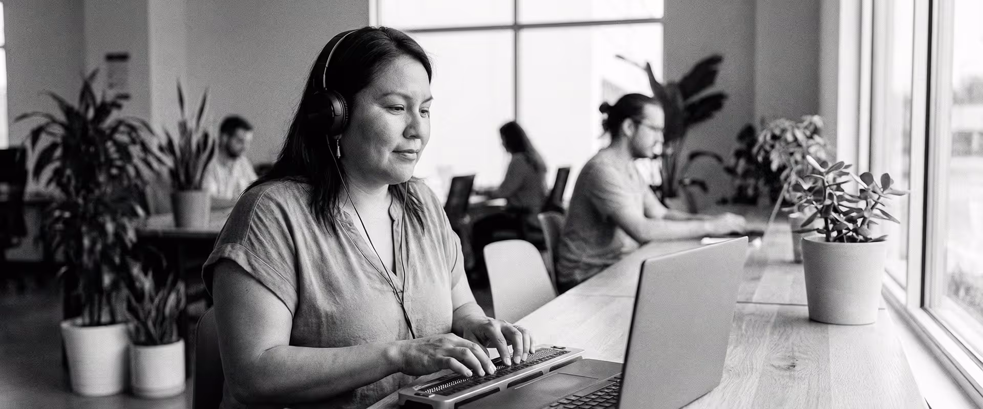 Woman with headphones using a braille keyboard connected to a laptop in a modern office with other people working in the background.