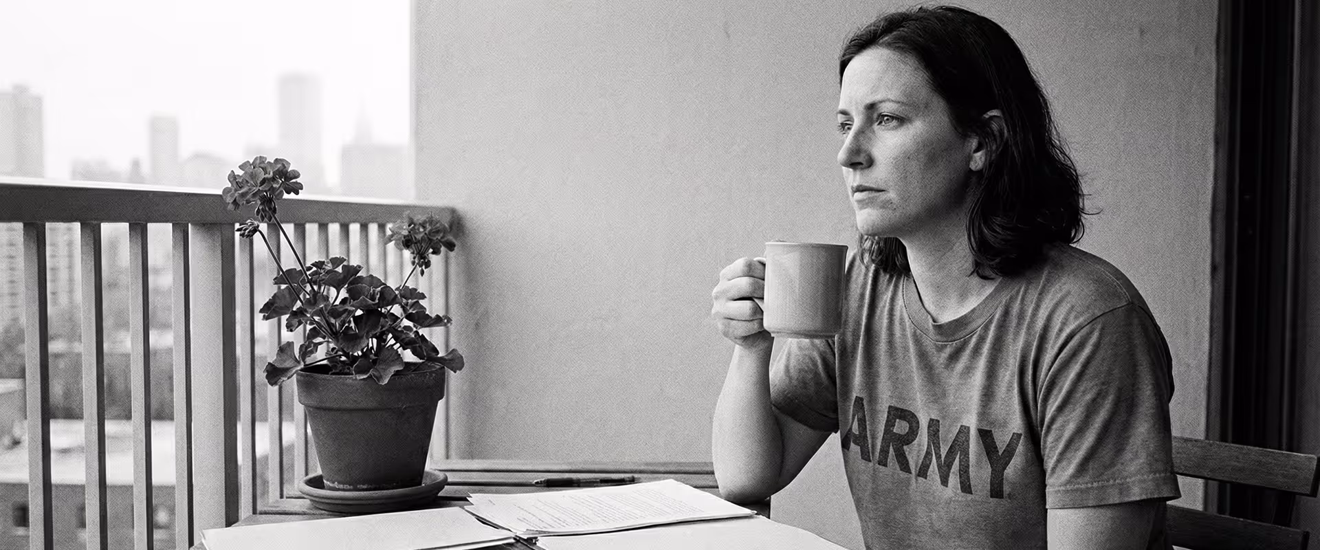 Woman wearing an Army t-shirt sitting at a balcony table with papers, holding a mug and looking contemplative.