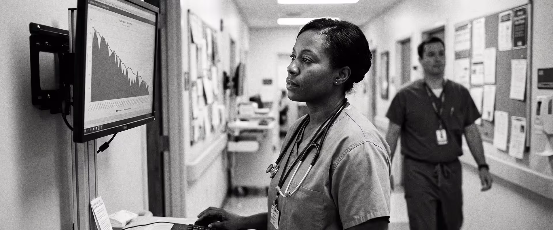 Female healthcare worker in scrubs looking at a wall-mounted screen showing a descending graph in a hospital corridor.