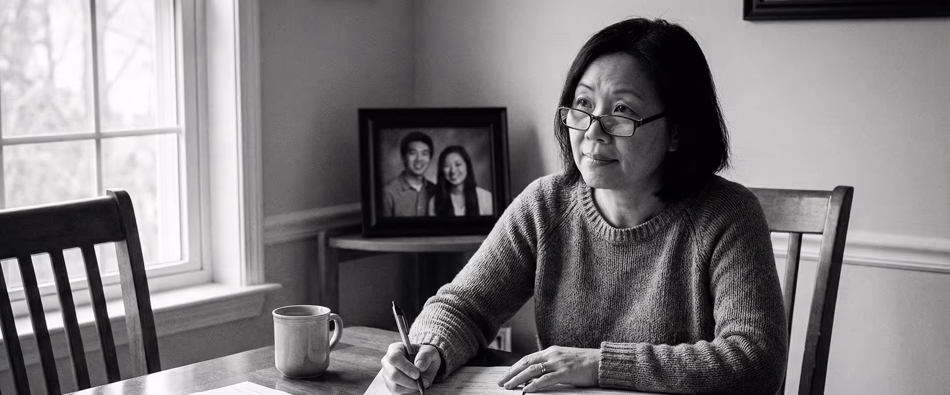 Woman wearing glasses sitting at a table writing on documents with a stack of envelopes and a coffee mug nearby.