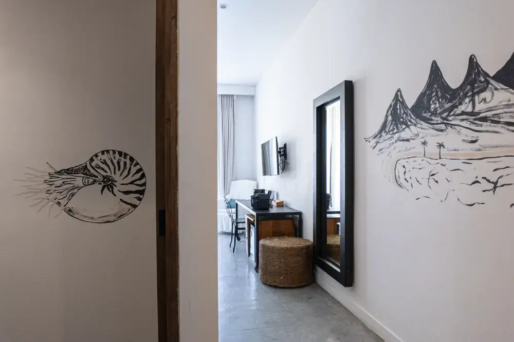 Narrow room hallway with wall art, a mounted TV, a chair, a desk, a woven ottoman, and a large framed mirror.