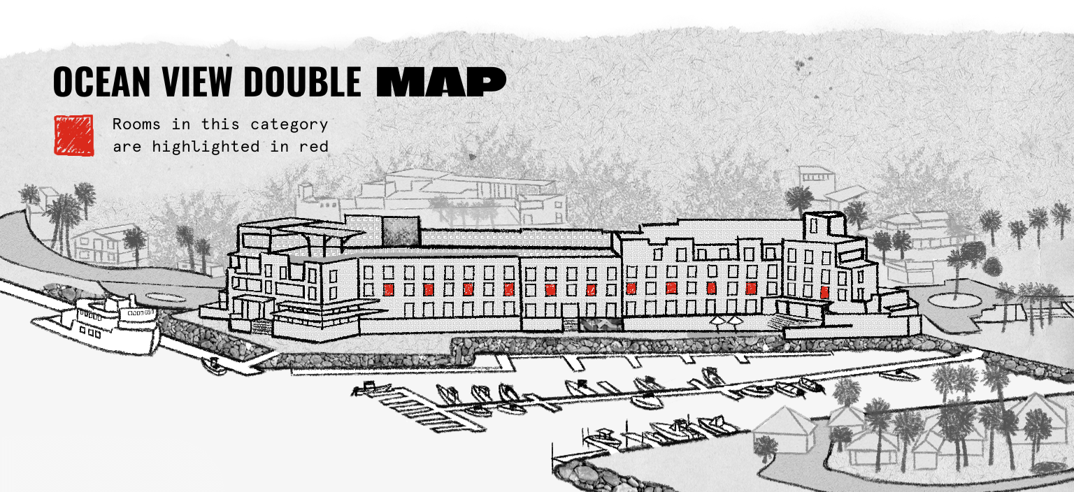 Croquis del edificio del hotel con la etiqueta «Ocean View Double» (Habitación doble con vistas al mar), con algunas habitaciones resaltadas en rojo y un puerto deportivo cercano con barcos.
