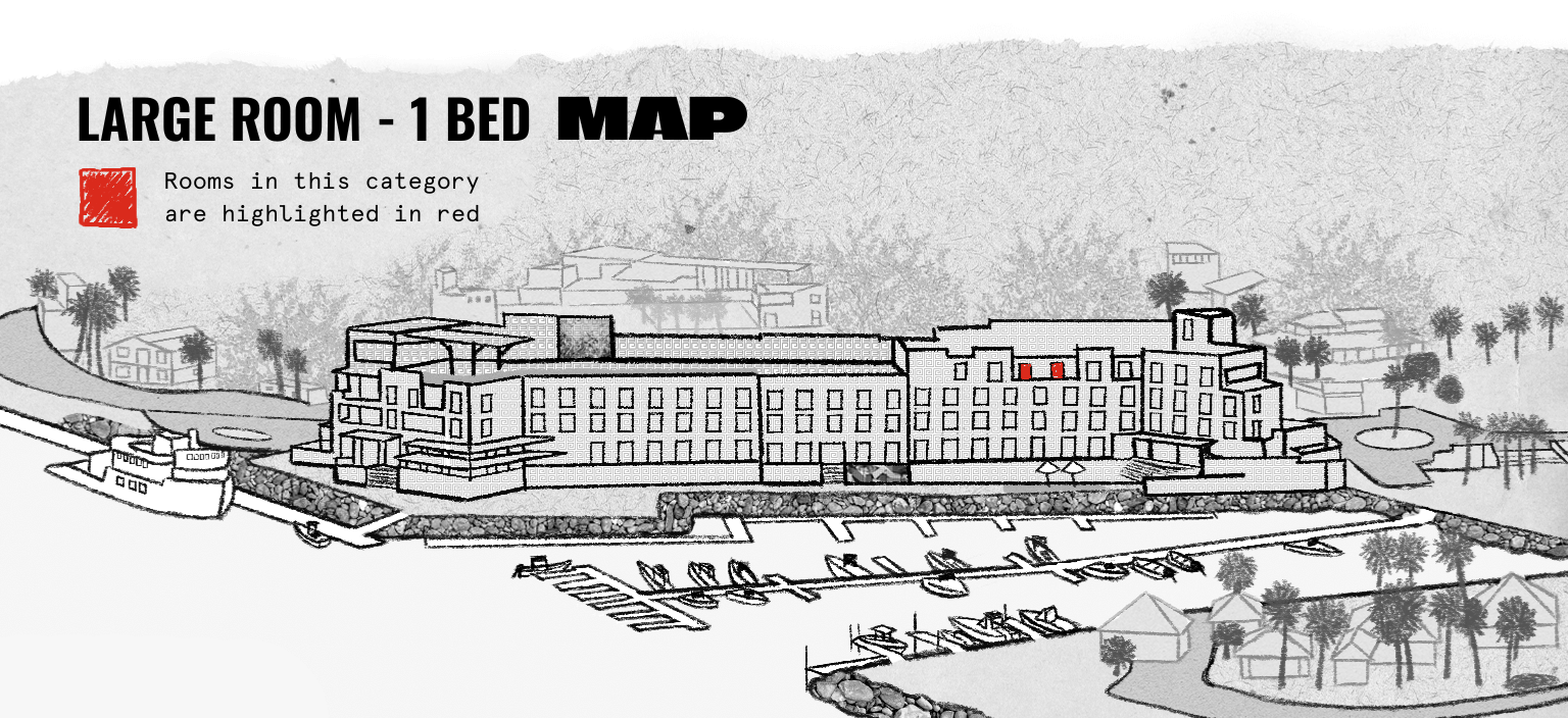 Illustrated map of a large waterfront building with one-bedroom rooms marked in red on the upper right side, alongside a dock with boats.