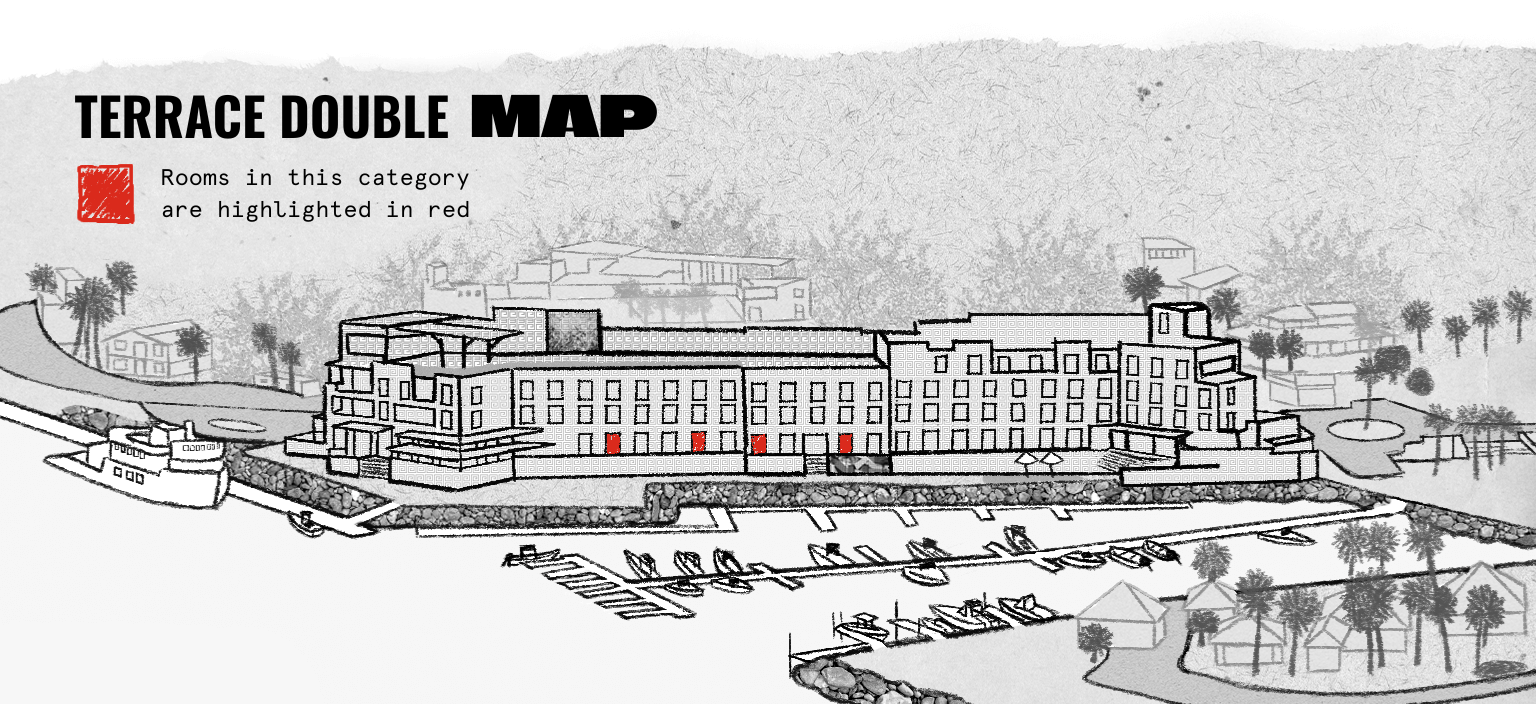 Ilustración en blanco y negro de un edificio frente al mar con cuatro puertas resaltadas en rojo, etiquetadas como «Terrace Double Map», lo que indica que las habitaciones de esta categoría están marcadas en rojo.