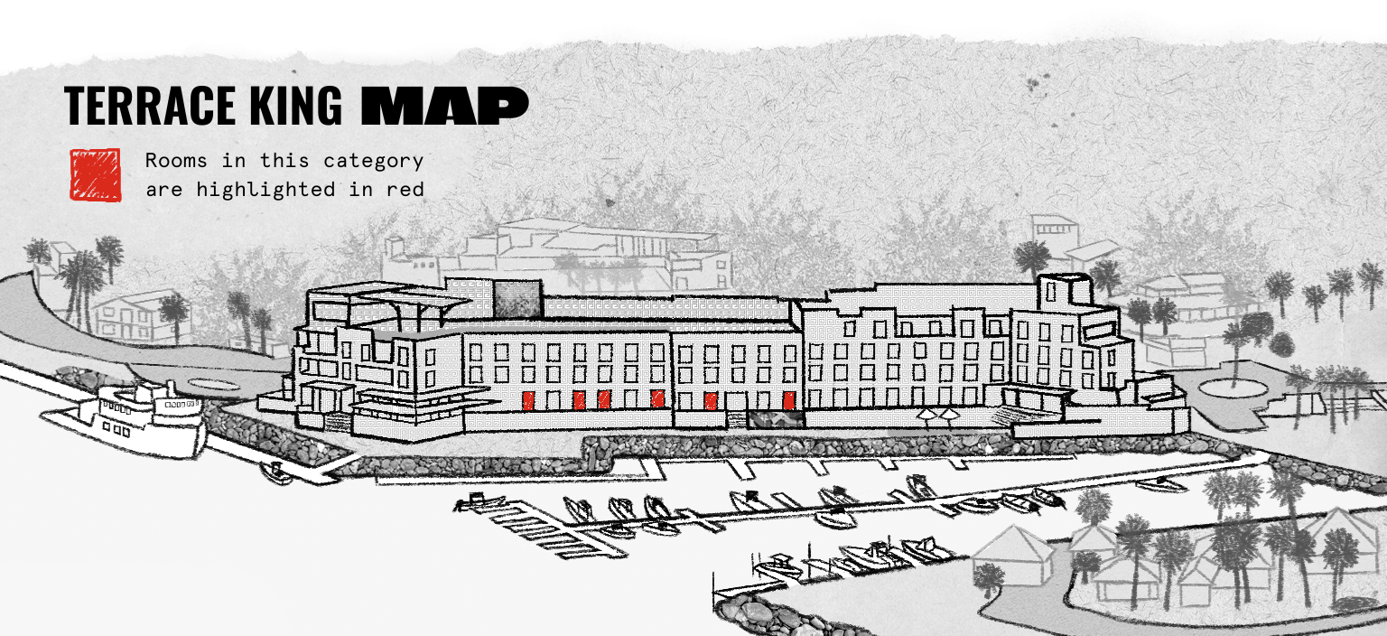 Illustrated map of a waterfront building labeled Terrace King with certain rooms highlighted in red along the ground floor, showing docks and boats in front.