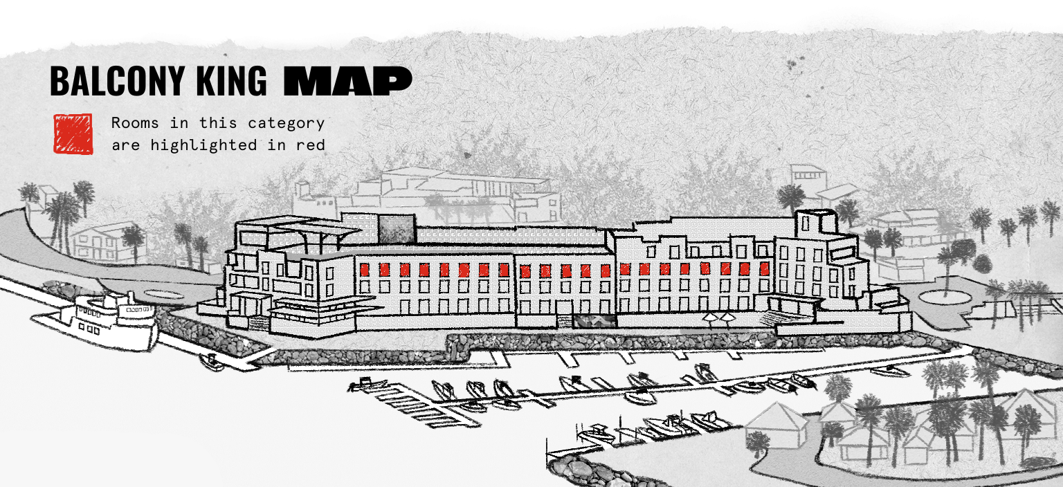Illustrated map of a waterfront building highlighting Balcony King rooms in red along the middle section facing the water.