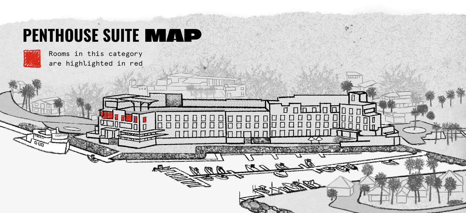 Illustrated map of a penthouse suite in a waterfront building with rooms in red highlighting their location on the upper left side.