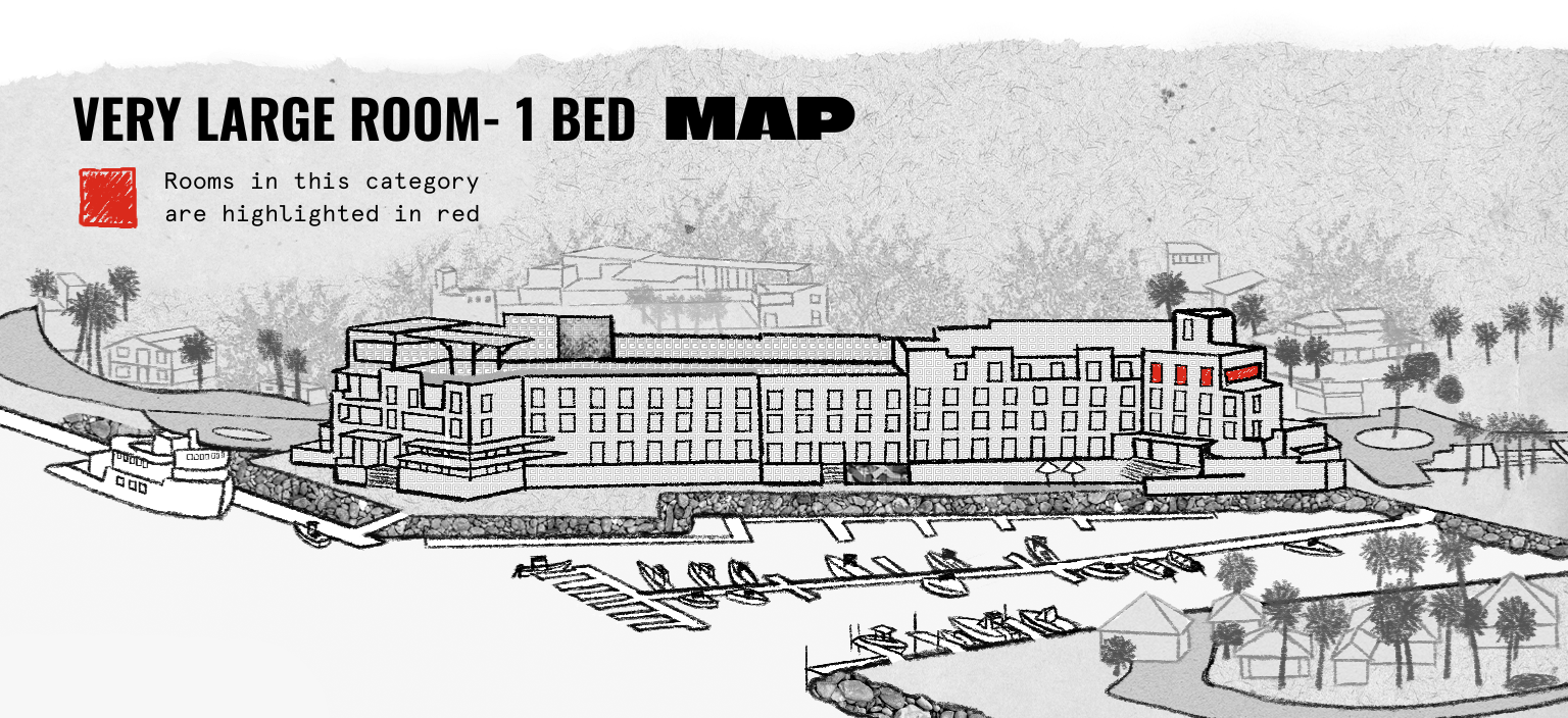 Mapa ilustrado de un gran edificio frente al mar con varias habitaciones resaltadas en rojo, lo que indica que se trata de habitaciones muy amplias de un dormitorio.