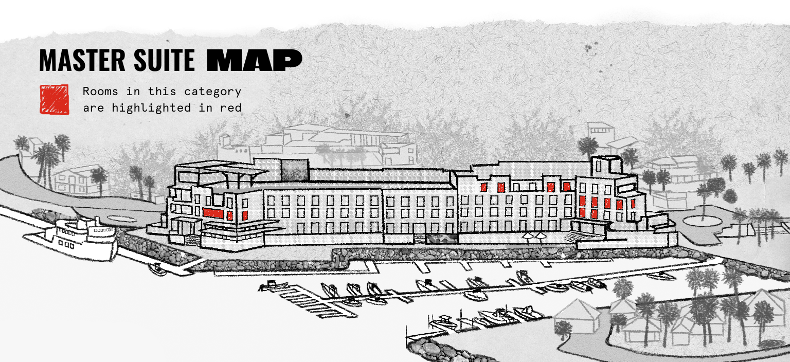 Mapa ilustrado de un edificio con suites principales junto a un puerto deportivo, con las habitaciones de esta categoría resaltadas en rojo.
