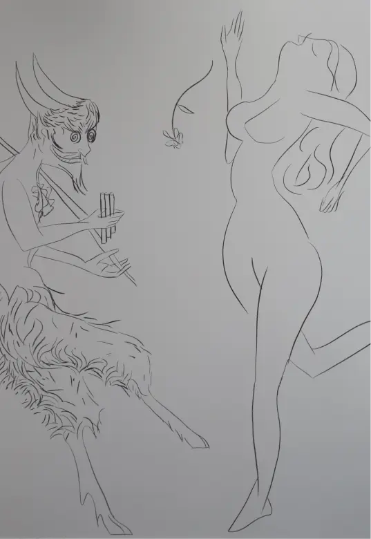 Line drawing of a mythical satyr playing panpipes facing a dancing nude woman with flowing hair and a flower floating between them.