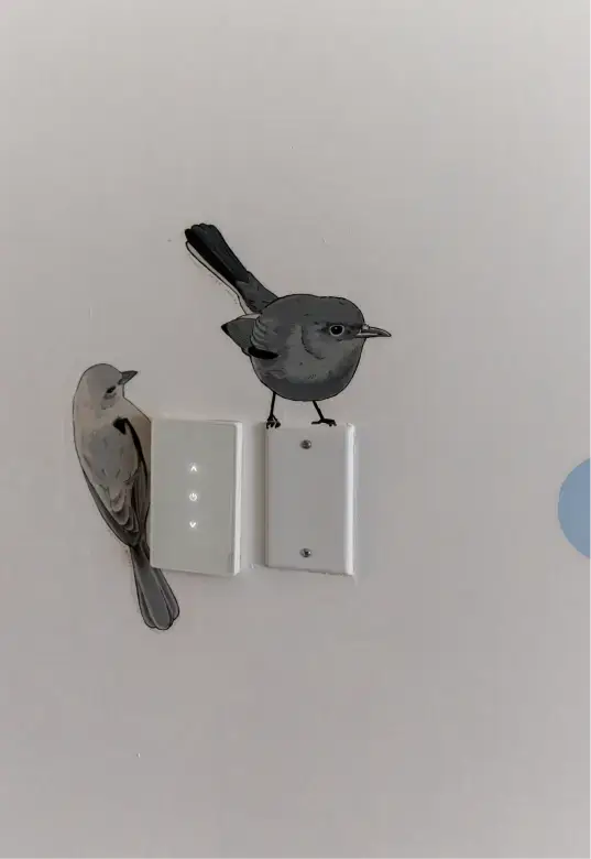 Dos ilustraciones realistas de pájaros en una pared parecen estar posados sobre y cerca de los paneles de interruptores de luz.