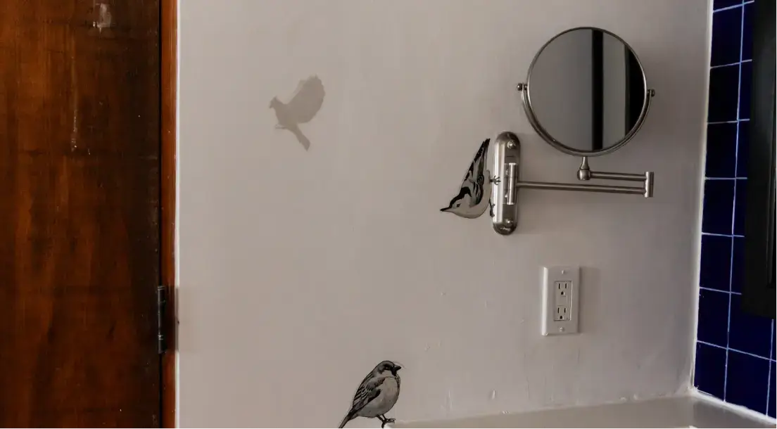 Pared del cuarto de baño con adhesivos de pájaros cerca de un espejo redondo extensible y un enchufe eléctrico, junto a una puerta de madera y una esquina con azulejos azules.