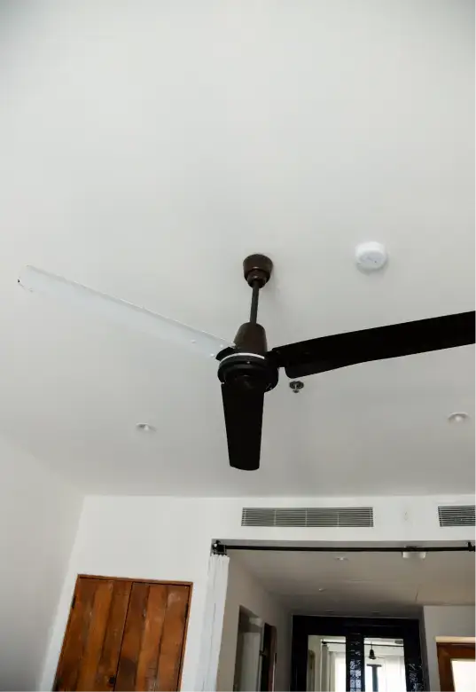 Ceiling fan with three blades, one blade is white and two are black, mounted on a white ceiling in a room with wooden doors and curtains.