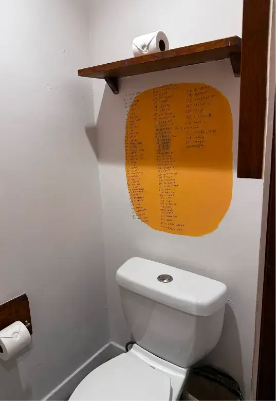 Bathroom corner with a white toilet, two toilet paper rolls on wooden holders, and an orange paper with handwritten notes taped to the wall.