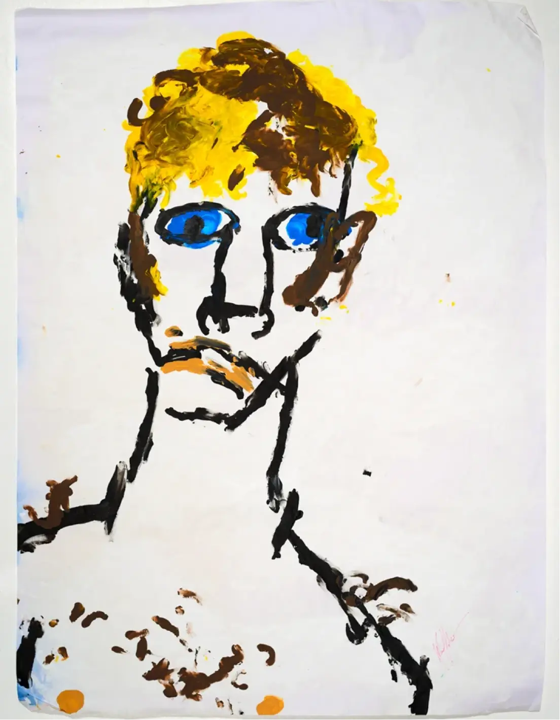 Pintura abstracta de una persona con cabello amarillo y marrón, ojos azules y expresión sombría sobre fondo blanco.