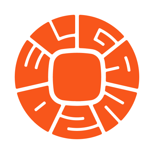 Logotipo circular naranja con formas segmentadas y letras estilizadas que forman un patrón abstracto alrededor de un cuadrado central.