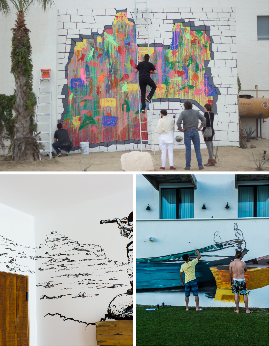Tres imágenes de personas pintando murales: arriba, un mural abstracto colorido con salpicaduras de pintura neón y un patrón de ladrillos con espectadores; abajo a la izquierda, un mural en blanco y negro de una persona con un telescopio mirando un paisaje montañoso en interiores; abajo a la derecha, dos hombres pintando barcos grandes en el costado de un edificio al aire libre.